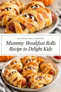 Golden brown sausage rolls wrapped in strips of pastry to look like mummies with small candy eyes on top.