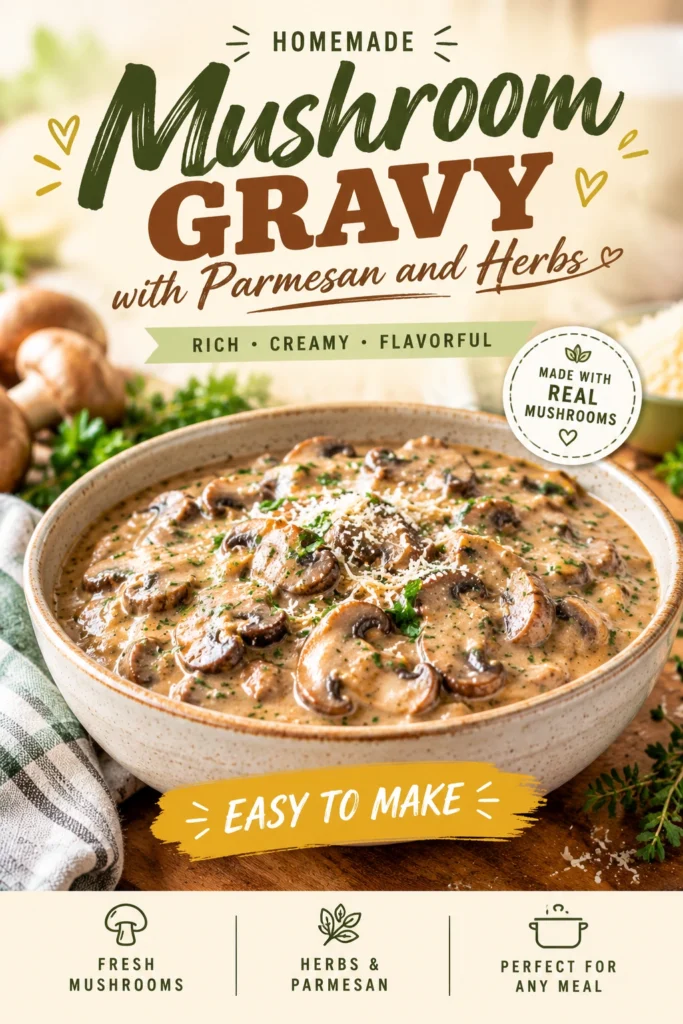 A white bowl of creamy mushroom gravy with sliced brown mushrooms, topped with grated parmesan cheese and fresh parsley.