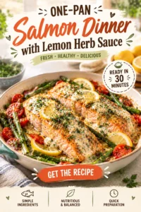 Pan-seared salmon fillets with a lemon herb sauce, served with roasted asparagus and baby potatoes in one pan.