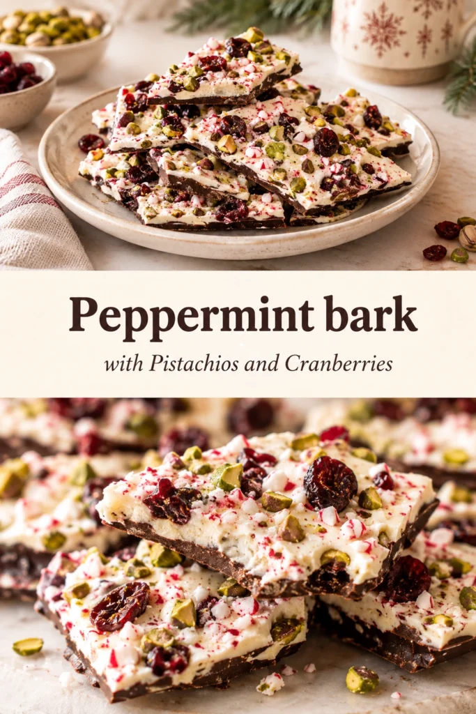 Broken pieces of white and dark chocolate peppermint bark topped with crushed candy canes, green pistachios, and dried cranberries.