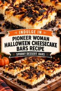 Square cheesecake bars with a graham cracker crust, topped with orange pumpkin swirl and small chocolate candy pumpkins.