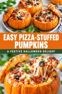 Small roasted pumpkins carved into bowls and filled with melted mozzarella, tomato sauce, and pepperoni pizza toppings.