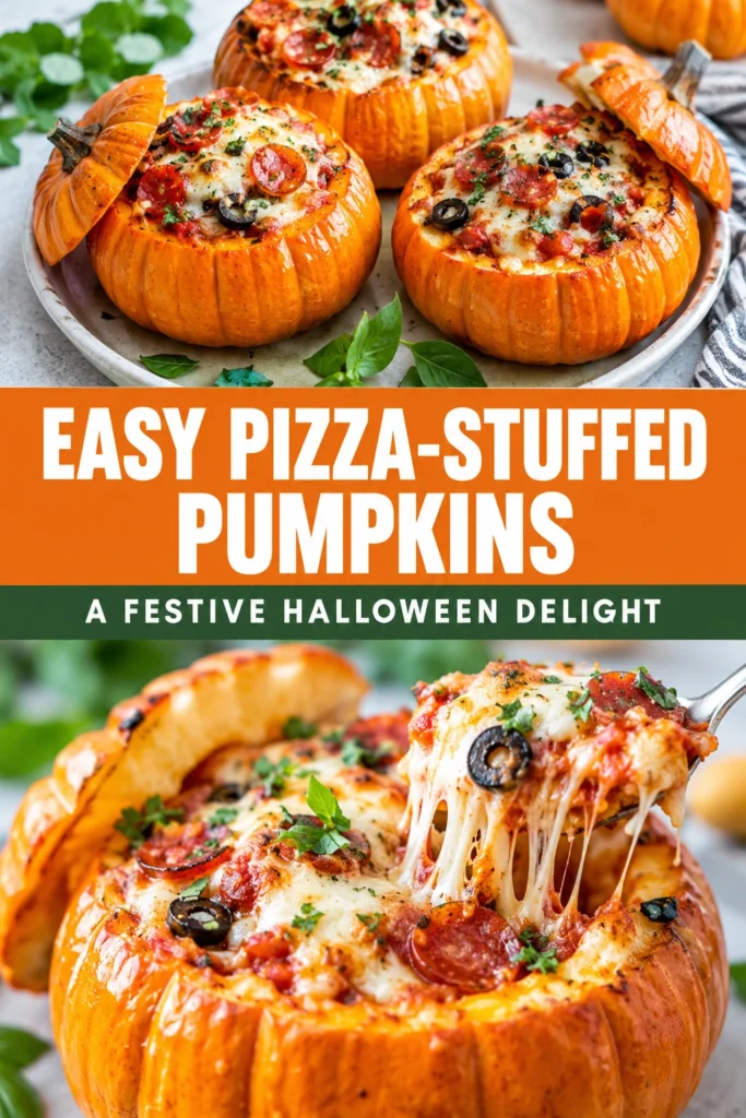 Small roasted pumpkins carved into bowls and filled with melted mozzarella, tomato sauce, and pepperoni pizza toppings.