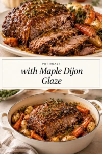 Slow-cooked pot roast topped with a glossy maple dijon glaze, served with carrots and potatoes on a white platter.