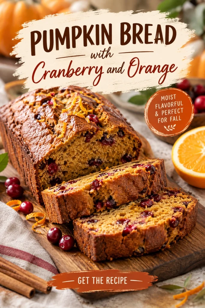 Slices of moist pumpkin bread with dried cranberries and orange zest on a cooling rack with a few whole cranberries.