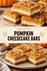 Square slices of creamy pumpkin cheesecake bars with a golden buttery crust, stacked on a white ceramic plate.