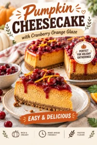 A slice of pumpkin cheesecake on a graham cracker crust, topped with a vibrant red cranberry orange glaze.
