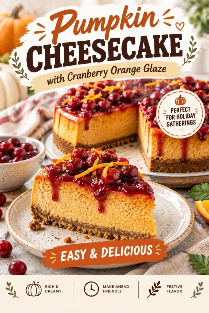 A slice of pumpkin cheesecake on a graham cracker crust, topped with a vibrant red cranberry orange glaze.