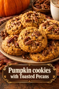 A stack of soft, orange pumpkin cookies topped with toasted pecan halves on a rustic wooden surface.