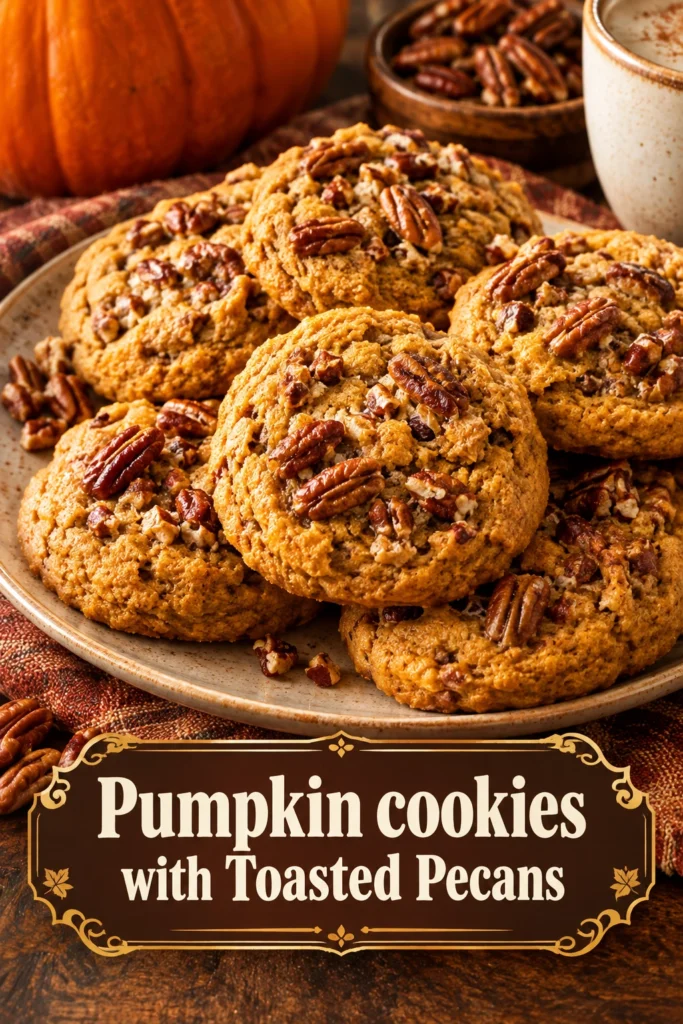 A stack of soft, orange pumpkin cookies topped with toasted pecan halves on a rustic wooden surface.