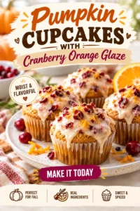 Three pumpkin cupcakes topped with swirls of orange-tinted frosting and a drizzle of translucent cranberry orange glaze.