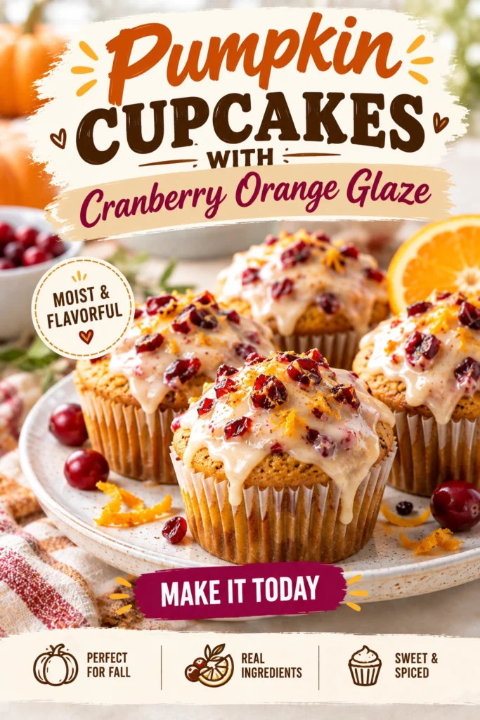 Three pumpkin cupcakes topped with swirls of orange-tinted frosting and a drizzle of translucent cranberry orange glaze.