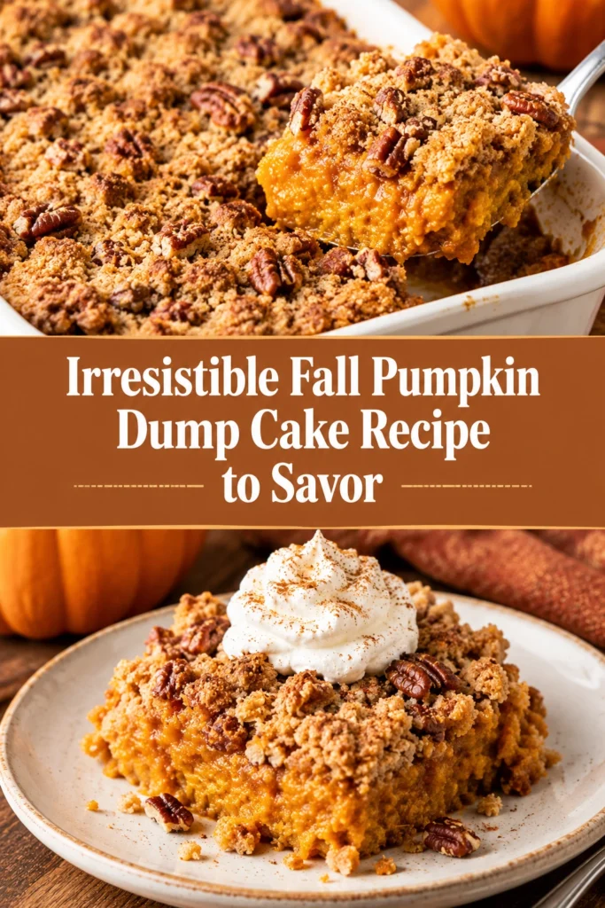 A close-up of pumpkin dump cake in a baking dish, featuring a golden-brown crumble topping and creamy filling.