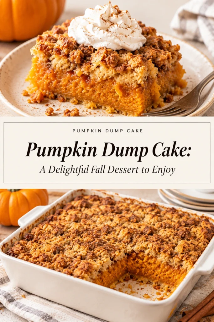 A square baking dish filled with pumpkin dump cake, featuring a golden brown cake crumble topping and orange filling.