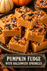 Squares of creamy orange pumpkin fudge topped with colorful Halloween sprinkles on a white platter.