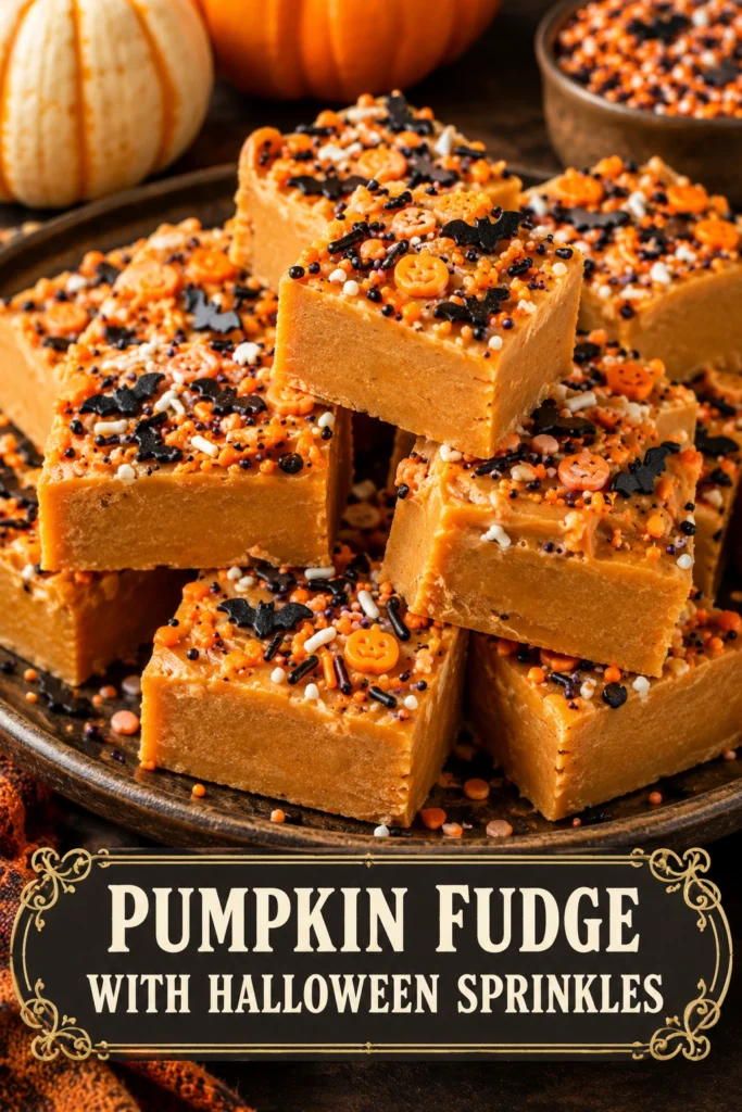 Squares of creamy orange pumpkin fudge topped with colorful Halloween sprinkles on a white platter.