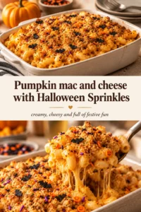 Creamy orange pumpkin macaroni and cheese in a white bowl, topped with festive orange and black Halloween sprinkles.