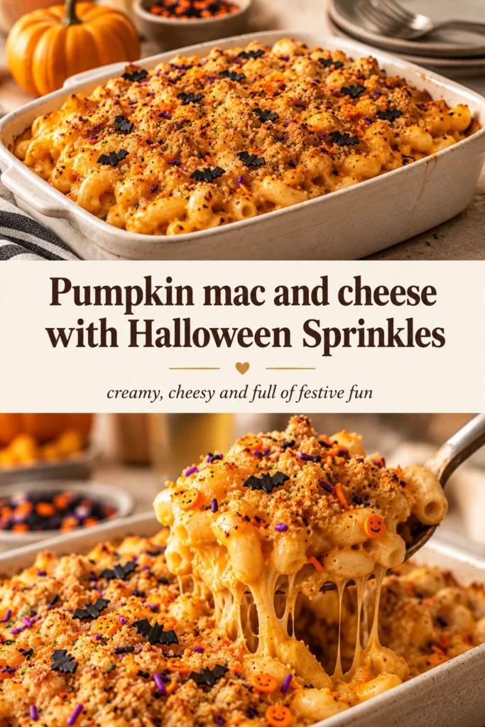 Creamy orange pumpkin macaroni and cheese in a white bowl, topped with festive orange and black Halloween sprinkles.
