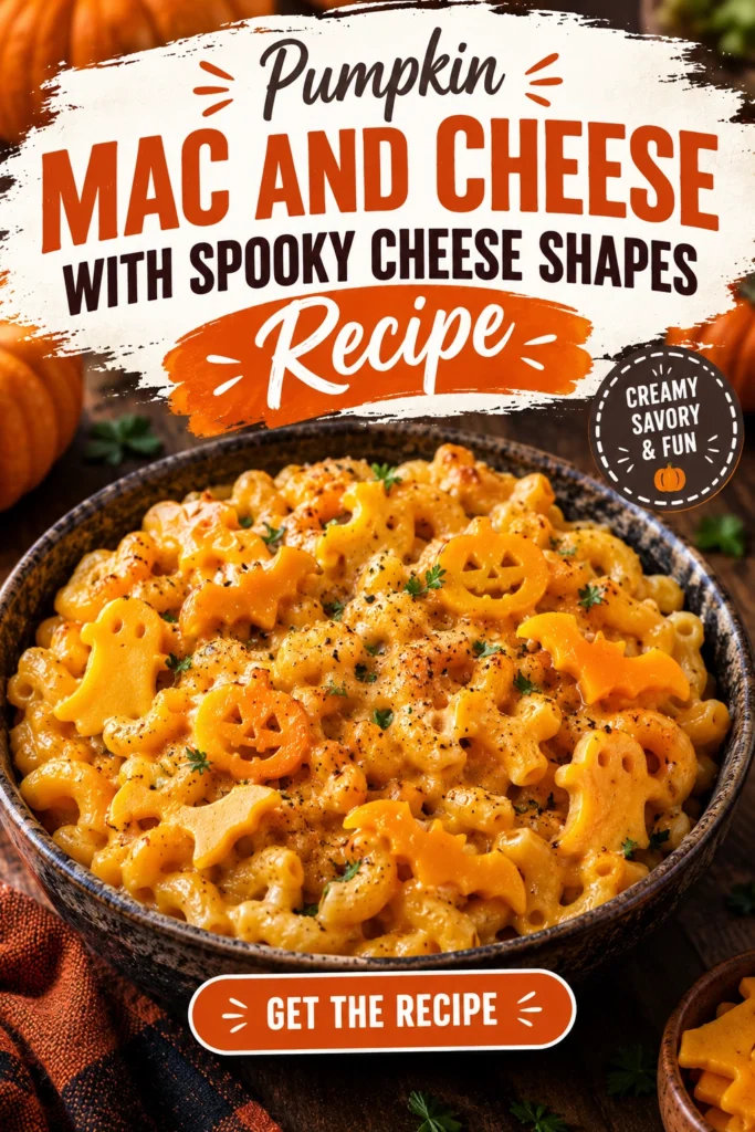 Creamy pumpkin mac and cheese with ghost and pumpkin shaped pasta in a bowl, garnished with fresh parsley.