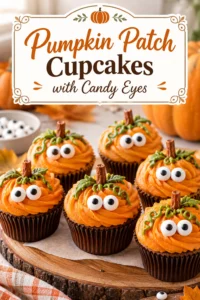 Pumpkin cupcakes topped with orange frosting swirls, small candy eyes, and a tiny green fondant stem to look like pumpkins.