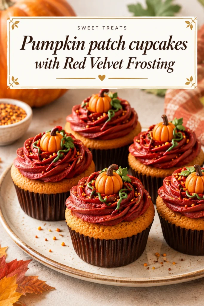 Pumpkin cupcakes topped with swirls of deep red velvet frosting, presented on a platter with a festive autumn background.