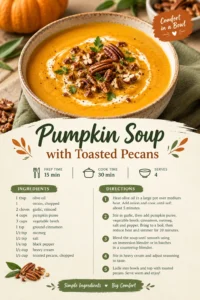 Creamy orange pumpkin soup in a bowl, garnished with a swirl of cream and a sprinkle of toasted pecans.