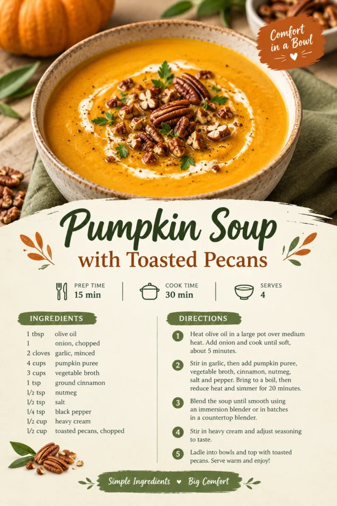 Creamy orange pumpkin soup in a bowl, garnished with a swirl of cream and a sprinkle of toasted pecans.