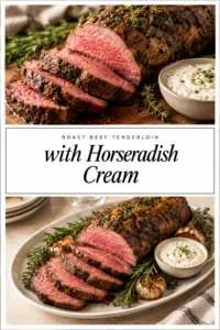 Sliced medium-rare roast beef tenderloin on a platter, garnished with fresh herbs and served with a side of horseradish cream.