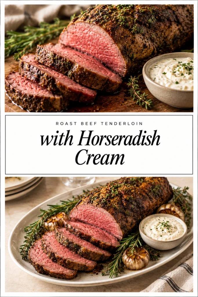 Sliced medium-rare roast beef tenderloin on a platter, garnished with fresh herbs and served with a side of horseradish cream.