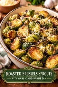 Roasted Brussels sprouts halved and browned with minced garlic and melted parmesan cheese in a dark baking dish.
