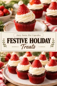 Cupcakes frosted with red and white buttercream to look like Santa hats, topped with a small white pom-pom.