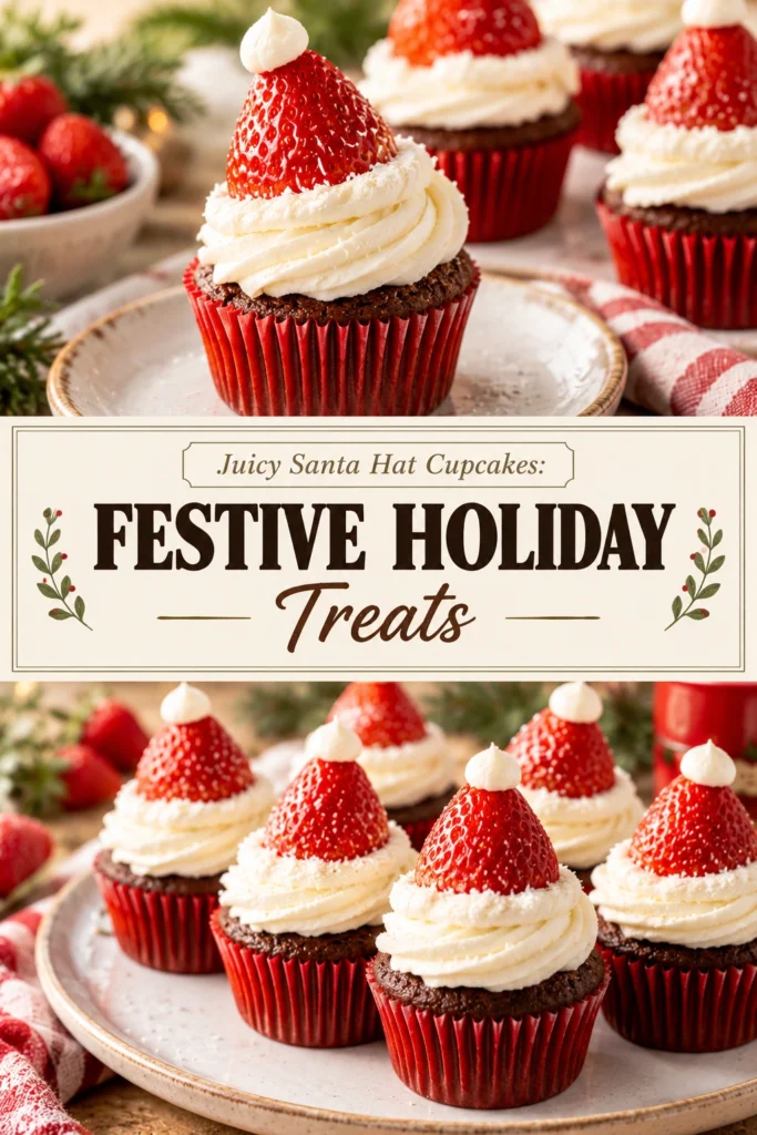 Cupcakes frosted with red and white buttercream to look like Santa hats, topped with a small white pom-pom.