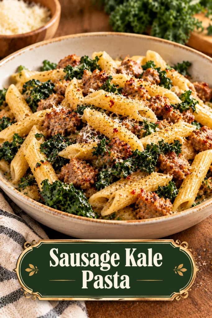 A bowl of pasta tossed with browned sausage crumbles, wilted kale, and grated parmesan cheese in a garlic sauce.