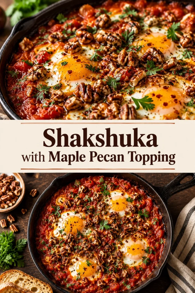 Poached eggs in a simmering tomato pepper sauce in a cast iron skillet, topped with candied maple pecans.