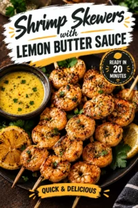 Grilled shrimp skewers on a platter, drizzled with melted lemon butter sauce and garnished with fresh parsley and lemon wedges.