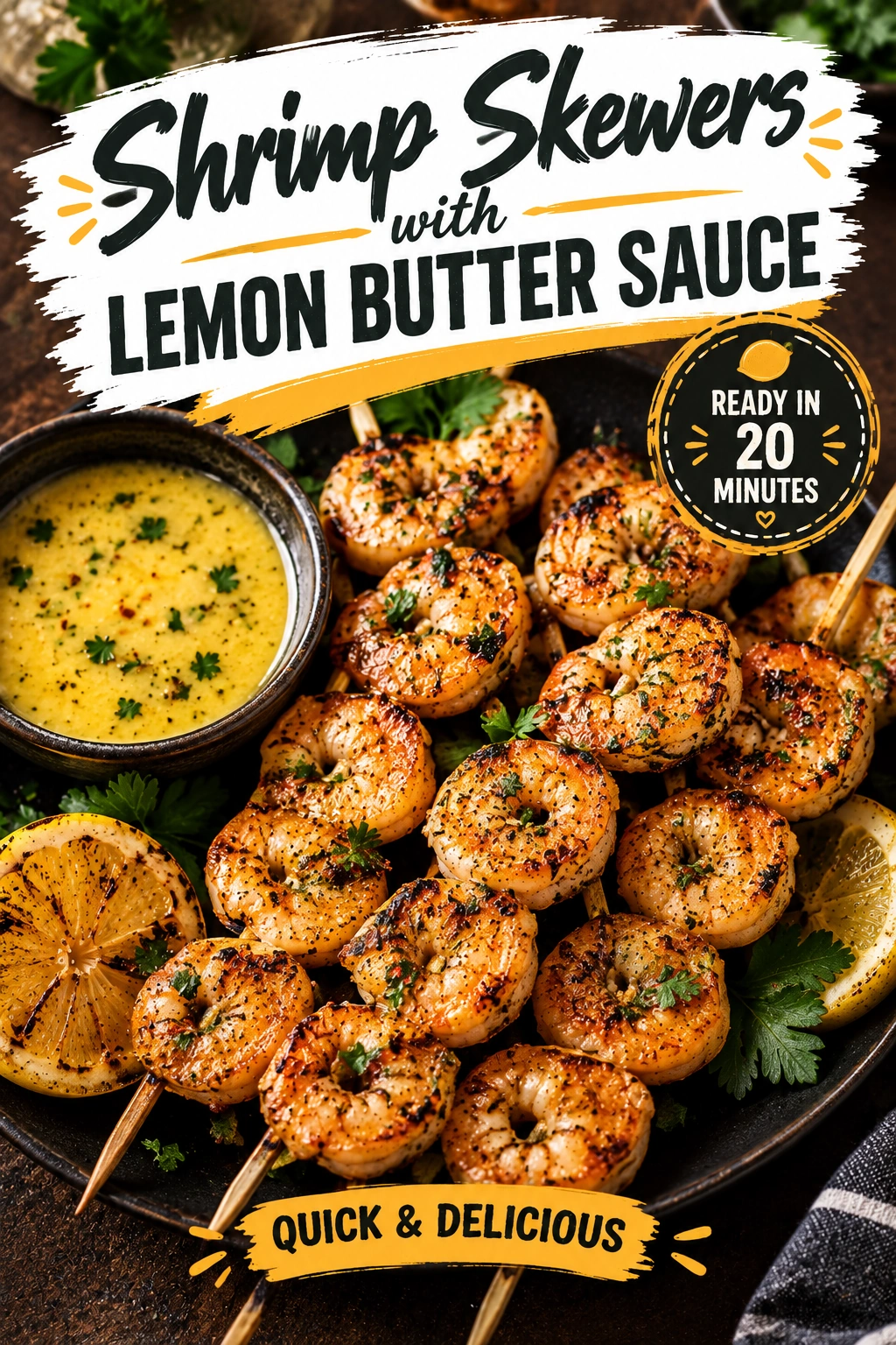 Grilled shrimp skewers on a platter, drizzled with melted lemon butter sauce and garnished with fresh parsley and lemon wedges.