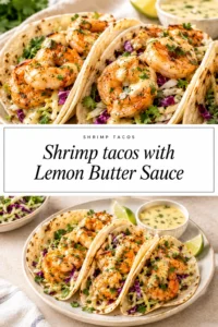 Three corn tortillas filled with sautéed shrimp, shredded cabbage, and cilantro, drizzled with lemon butter sauce and lime wedges.