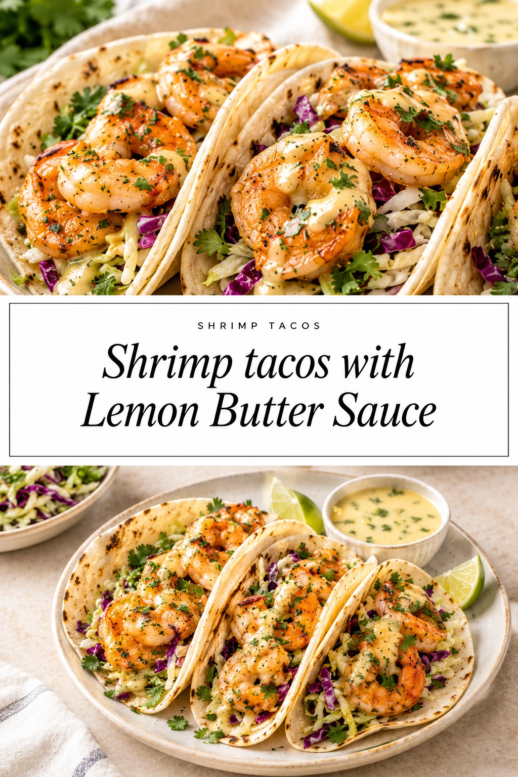 Three corn tortillas filled with sautéed shrimp, shredded cabbage, and cilantro, drizzled with lemon butter sauce and lime wedges.