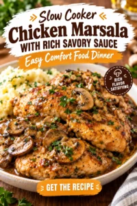 Slow cooker chicken thighs in a rich brown Marsala sauce with sliced mushrooms, garnished with fresh parsley in a bowl.