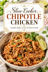 Shredded chipotle chicken in a slow cooker, garnished with fresh cilantro and lime wedges, served in a ceramic pot.