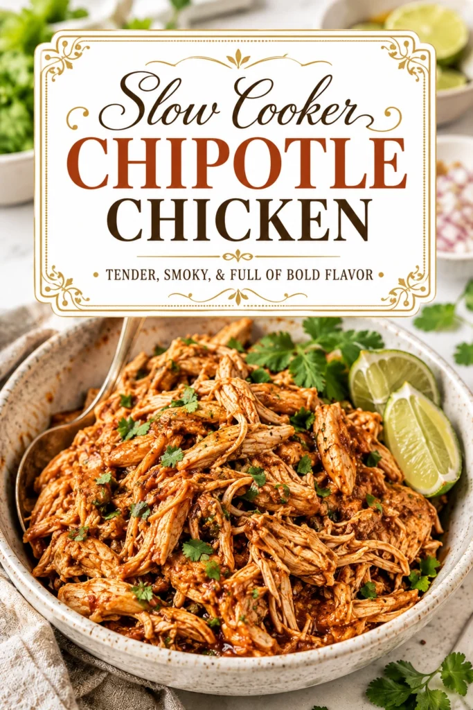 Shredded chipotle chicken in a slow cooker, garnished with fresh cilantro and lime wedges, served in a ceramic pot.