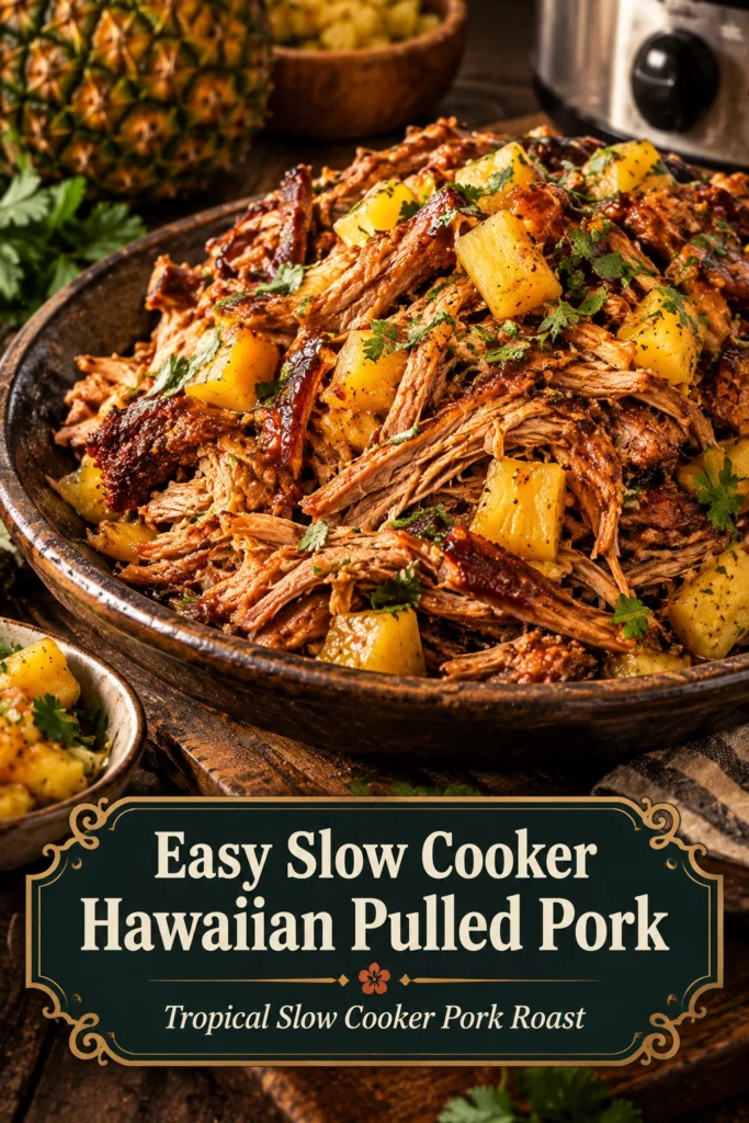 Shredded slow cooker Hawaiian pulled pork in a bowl, garnished with fresh green onions and sesame seeds.