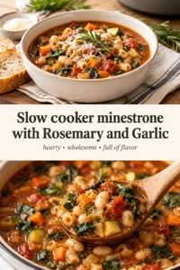 A bowl of hearty slow cooker minestrone soup with beans, vegetables, and pasta, garnished with fresh rosemary and parsley.
