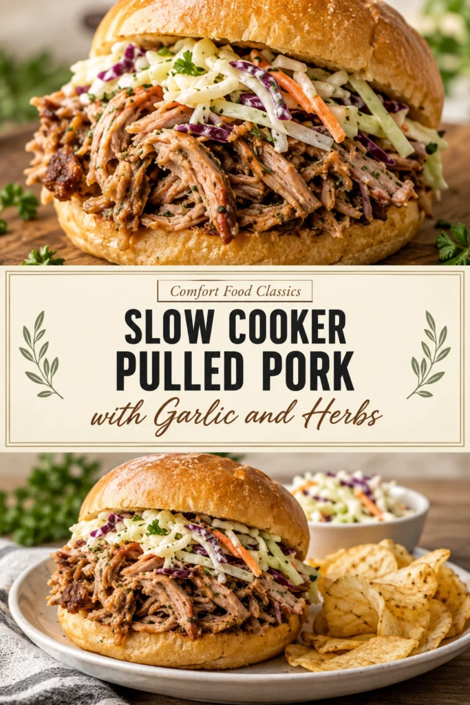Shredded slow cooker pulled pork seasoned with garlic and herbs, served in a bowl and garnished with fresh parsley.