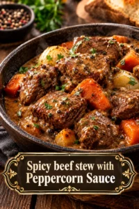 Hearty beef stew with tender chunks of meat in a creamy peppercorn sauce, garnished with fresh parsley in a bowl.