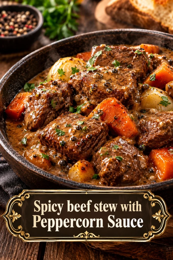 Hearty beef stew with tender chunks of meat in a creamy peppercorn sauce, garnished with fresh parsley in a bowl.