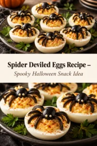 Deviled eggs topped with black olive spiders, featuring a slice for the body and thin strips for legs.
