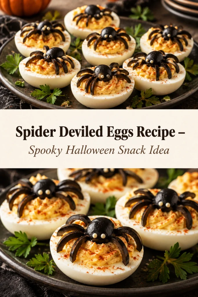 Deviled eggs topped with black olive spiders, featuring a slice for the body and thin strips for legs.
