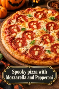 Pepperoni and mozzarella pizza arranged in a spooky face shape with olive eyes and a pepperoni slice mouth.