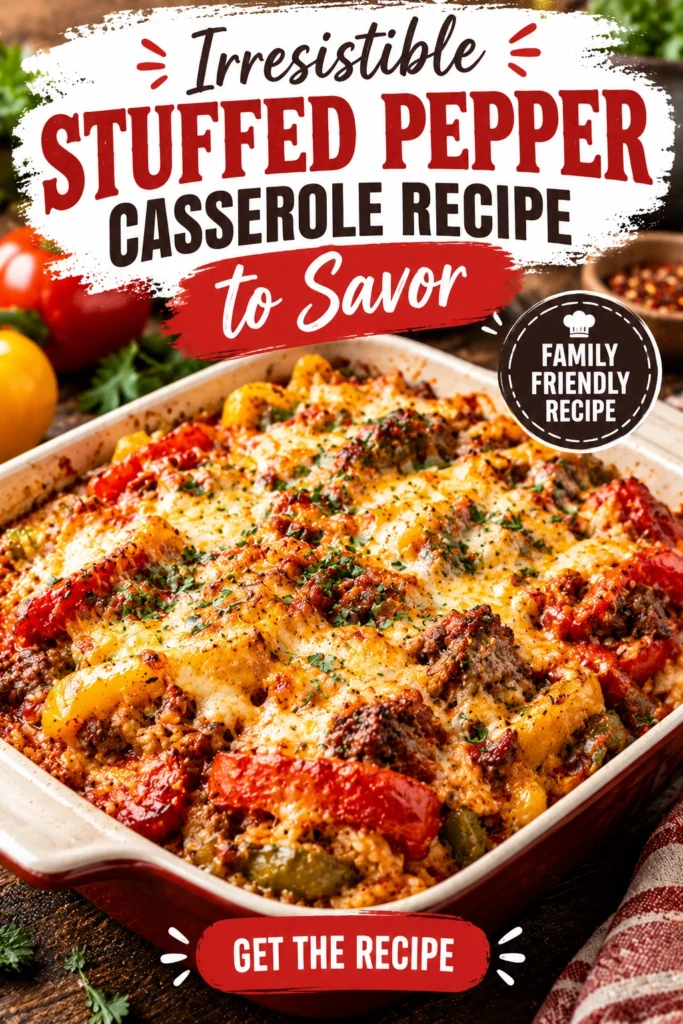 A baking dish of stuffed pepper casserole with melted cheese, diced bell peppers, and ground meat in tomato sauce.